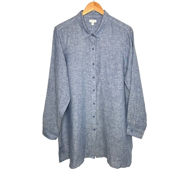 Garnet Hill Tops - Garnet Hill Womens Easy Linen Long Sleeve Button Up Tunic Top Size Large Blue